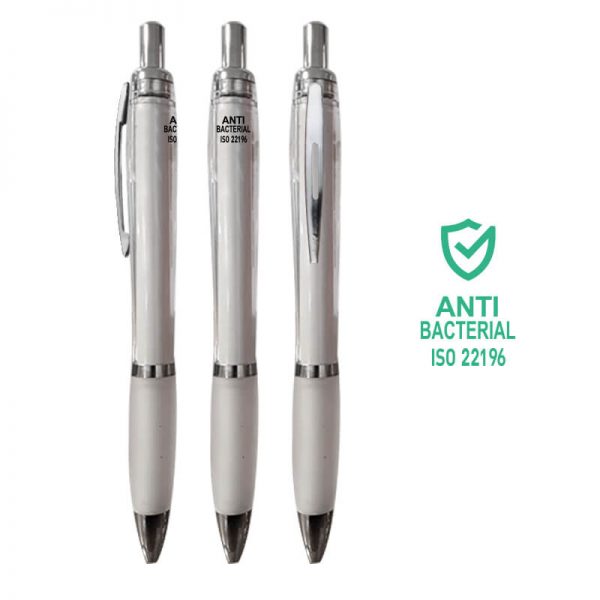 Bolígrafo fabricado en ABS y tratado con iones de plata para inhibir y evitar el proliferamiento de bacterias en su cuerpo.